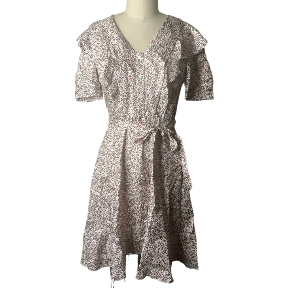 Carven 100% Silk Red Ditsy Floral Ruffle Short Sleeve Dress Size 36